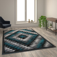 Flash Furniture OKR-RG1106-69-TQ-GG Teagan Collection Southwestern 6' x 9' Turquoise Area Rug - Olefin Rug with Jute Backing - Entryway, Living Room, Bedroom