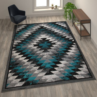 Flash Furniture OKR-RG1106-810-TQ-GG Teagan Collection Southwestern 8' x 10' Turquoise Area Rug - Olefin Rug with Jute Backing - Entryway, Living Room, Bedroom
