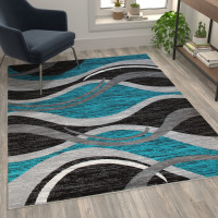 Flash Furniture OKR-RG1109-57-TQ-GG Wisp Collection 5' x 7' Turquoise Rippled Olefin Area Rug with Jute Backing for Entryway, Living Room, Bedroom
