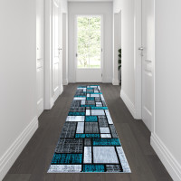 Flash Furniture OKR-RG1110-211-TQ-GG Raven Collection 2' x 11' Turquoise Color Bricked Olefin Area Rug with Jute Backing for Entryway, Living Room, Bedroom