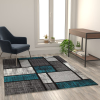 Flash Furniture OKR-RG1110-57-TQ-GG Raven Collection 5' x 7' Turquoise Color Bricked Olefin Area Rug with Jute Backing for Entryway, Living Room, Bedroom