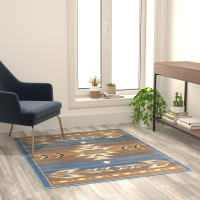 Flash Furniture OKR-RG1113-45-BL-GG Lodi Collection Southwestern 4' x 5' Blue Area Rug - Olefin Rug with Jute Backing for Hallway, Entryway, Bedroom, Living Room