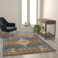 Flash Furniture OKR-RG1113-57-BL-GG Lodi Collection Southwestern 5' x 7' Blue Area Rug - Olefin Rug with Jute Backing for Hallway, Entryway, Bedroom, Living Room