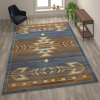 Flash Furniture OKR-RG1113-810-BL-GG Lodi Collection Southwestern 8' x 10' Blue Area Rug - Olefin Rug with Jute Backing for Hallway, Entryway, Bedroom, Living Room