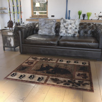 Flash Furniture OKR-RG1114-45-BN-GG Vassa Collection 4' x 5' Mother Bear & Cubs Nature Themed Olefin Area Rug with Jute Backing for Entryway, Living Room, Bedroom