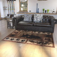 Flash Furniture OKR-RG1114-57-BN-GG Vassa Collection 5' x 7' Mother Bear & Cubs Nature Themed Olefin Area Rug with Jute Backing for Entryway, Living Room, Bedroom
