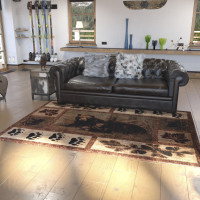 Flash Furniture OKR-RG1114-69-BN-GG Vassa Collection 6' x 9' Mother Bear & Cubs Nature Themed Olefin Area Rug with Jute Backing for Entryway, Living Room, Bedroom