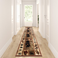 Flash Furniture OKR-RG113-211-BN-GG Vassa Collection 2' x 11' Mother Bear & Cubs Nature Themed Olefin Area Rug with Jute Backing for Entryway, Living Room, Bedroom