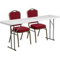 Flash Furniture RB-1872-1-GG 72'' Plastic Folding Training Table with 2 Crown Back Stack Chairs