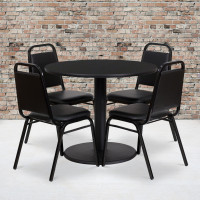 Flash Furniture 36'' Round Black Laminate Table Set with 4 Black Trapezoidal Back Banquet Chairs RSRB1001-GG