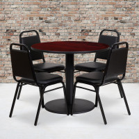 Flash Furniture 36'' Round Mahogany Laminate Table Set with 4 Black Trapezoidal Back Banquet Chairs RSRB1002-GG