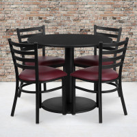 Flash Furniture 36'' Round Black Laminate Table Set with 4 Ladder Back Metal Chairs - Burgundy Vinyl Seat RSRB1005-GG