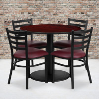 Flash Furniture 36'' Round Mahogany Laminate Table Set with 4 Ladder Back Metal Chairs - Burgundy Vinyl Seat RSRB1006-GG