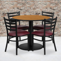 Flash Furniture 36'' Round Natural Laminate Table Set with 4 Ladder Back Metal Chairs - Burgundy Vinyl Seat RSRB1007-GG
