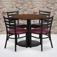 Flash Furniture 36'' Round Walnut Laminate Table Set with 4 Ladder Back Metal Chairs - Burgundy Vinyl Seat RSRB1008-GG