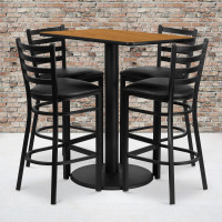 Flash Furniture 24'' x 42'' Rectangular Natural Laminate Table Set with 4 Ladder Back Metal Bar Stools - Black Vinyl Seat RSRB1019-GG