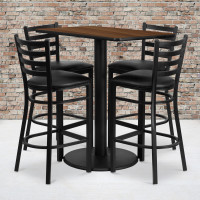 Flash Furniture 24'' x 42'' Rectangular Walnut Laminate Table Set with 4 Ladder Back Metal Bar Stools - Black Vinyl Seat RSRB1020-GG