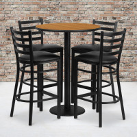 Flash Furniture 30'' Round Natural Laminate Table Set with 4 Ladder Back Metal Bar Stools - Black Vinyl Seat RSRB1023-GG