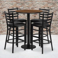 Flash Furniture 30'' Round Walnut Laminate Table Set with 4 Ladder Back Metal Bar Stools - Black Vinyl Seat RSRB1024-GG
