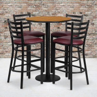 Flash Furniture 30'' Round Natural Laminate Table Set with 4 Ladder Back Metal Bar Stools - Burgundy Vinyl Seat RSRB1027-GG