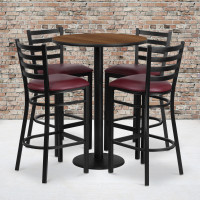 Flash Furniture 30'' Round Walnut Laminate Table Set with 4 Ladder Back Metal Bar Stools - Burgundy Vinyl Seat RSRB1028-GG