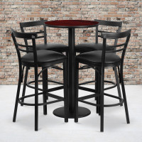 Flash Furniture 24'' Round Mahogany Laminate Table Set with 4 Ladder Back Metal Bar Stools - Black Vinyl Seat RSRB1034-GG