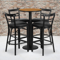 Flash Furniture 24'' Round Natural Laminate Table Set with 4 Ladder Back Metal Bar Stools - Black Vinyl Seat RSRB1035-GG