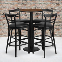 Flash Furniture 24'' Round Walnut Laminate Table Set with 4 Ladder Back Metal Bar Stools - Black Vinyl Seat RSRB1036-GG