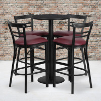 Flash Furniture 24'' Round Black Laminate Table Set with 4 Ladder Back Metal Bar Stools - Burgundy Vinyl Seat RSRB1037-GG