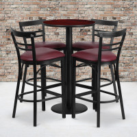 Flash Furniture 24'' Round Mahogany Laminate Table Set with 4 Ladder Back Metal Bar Stools - Burgundy Vinyl Seat RSRB1038-GG