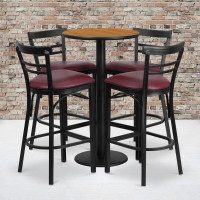 Flash Furniture 24'' Round Natural Laminate Table Set with 4 Ladder Back Metal Bar Stools - Burgundy Vinyl Seat RSRB1039-GG