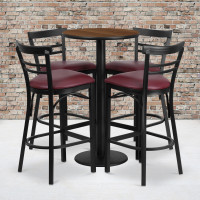 Flash Furniture 24'' Round Walnut Laminate Table Set with 4 Ladder Back Metal Bar Stools - Burgundy Vinyl Seat RSRB1040-GG
