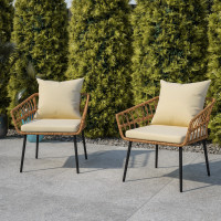 Flash Furniture SB-1960-CH-CREAM-GG Evin Set of 2 Boho Indoor/Outdoor Rope Rattan Wicker Patio Chairs with Cream All-Weather Cushions, Natural