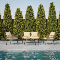 Flash Furniture SB-1960-CREAM-GG Evin Boho 4 Piece Indoor/Outdoor Rope Rattan Patio Conversation Set with Tempered Glass Top Coffee Table and Cream Cushions, Natural