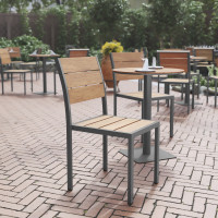 Flash Furniture SB-CA108-NAT-GG Finch Commercial Grade Armless Patio Chair, Stackable Side Chair with Faux Teak Poly Slats and Metal Frame, Natural/Gray