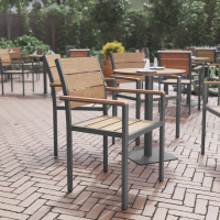 Flash Furniture SB-CA108-WA-NAT-GG Finch Commercial Grade Patio Chair with Arms, Stackable Side Chair with Faux Teak Poly Slats and Metal Frame, Natural/Gray