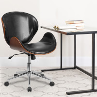 Flash Furniture SD-SDM-2240-5-BK-GG Mid-Back Natural Wood Swivel Conference Chair Black Leather