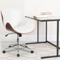 Flash Furniture SD-SDM-2240-5-WH-GG Mid-Back Natural Wood Swivel Conference Chair in White Leather