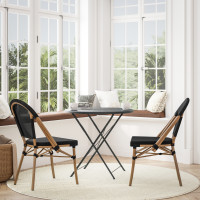 Flash Furniture SDA-AD642107-BK-NAT-GG Marseille Indoor/Outdoor Commercial French Bistro Stacking Chair, Black Textilene Back and Seat, Bamboo Print Aluminum Frame in Natural