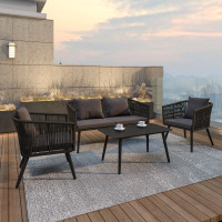 Flash Furniture SDA-AD723002-4-BK-GG Kierra Black All-Weather 4-Piece Woven Conversation Set with Gray Zippered Removable Cushions & Metal Coffee Table