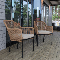 Flash Furniture SDA-AD892006-NAT-2-GG Kallie Set of 2 All-Weather Natural Woven Stacking Club Chairs with Rounded Arms & Ivory Zippered Seat Cushions