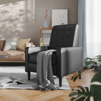 Flash Furniture SG-SX-80415N-BK-GG Ezra Mid-Century Modern LeatherSoft Upholstered Button Tufted Pushback Recliner in Black for Residential & Commercial Use