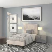 Flash Furniture SL-BK5-T-B-GG Roxbury Twin Size Tufted Upholstered Platform Bed in Beige Fabric 