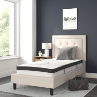 Flash Furniture SL-BM10-17-GG Roxbury Twin Size Tufted Upholstered Platform Bed in Beige Fabric with 10 Inch CertiPUR-US Certified Pocket Spring Mattress