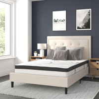 Flash Furniture SL-BM10-18-GG Roxbury Full Size Tufted Upholstered Platform Bed in Beige Fabric with 10 Inch CertiPUR-US Certified Pocket Spring Mattress