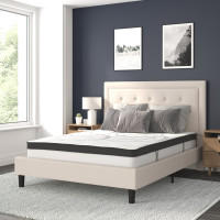 Flash Furniture SL-BM10-19-GG Roxbury Queen Size Tufted Upholstered Platform Bed in Beige Fabric with 10 Inch CertiPUR-US Certified Pocket Spring Mattress