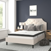 Flash Furniture SL-BM10-2-GG Brighton Full Size Tufted Upholstered Platform Bed in Beige Fabric with 10 Inch CertiPUR-US Certified Pocket Spring Mattress