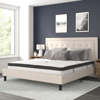 Flash Furniture SL-BM10-20-GG Roxbury King Size Tufted Upholstered Platform Bed in Beige Fabric with 10 Inch CertiPUR-US Certified Pocket Spring Mattress