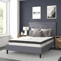 Flash Furniture SL-BM10-26-GG Roxbury Full Size Tufted Upholstered Platform Bed in Light Gray Fabric with 10 Inch CertiPUR-US Certified Pocket Spring Mattress