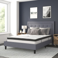 Flash Furniture SL-BM10-27-GG Roxbury Queen Size Tufted Upholstered Platform Bed in Light Gray Fabric with 10 Inch CertiPUR-US Certified Pocket Spring Mattress